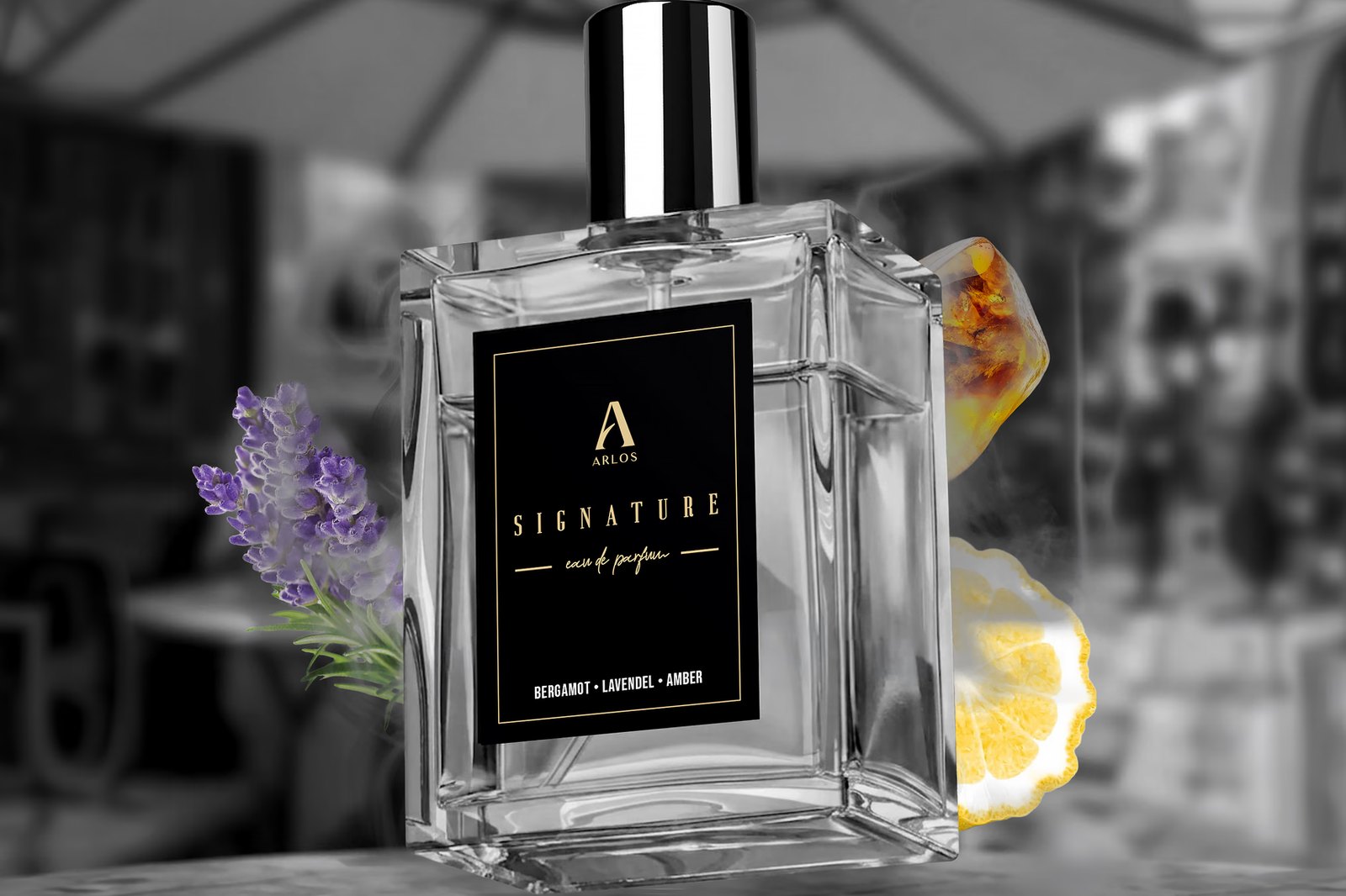 Flasken, klar til brug i markedsføring før den første produktion. – Arlos Signature Parfume